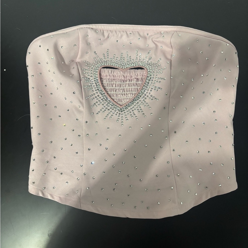Sabrina Carpenter Pink Top With Heart Design And Rhinestones View 2